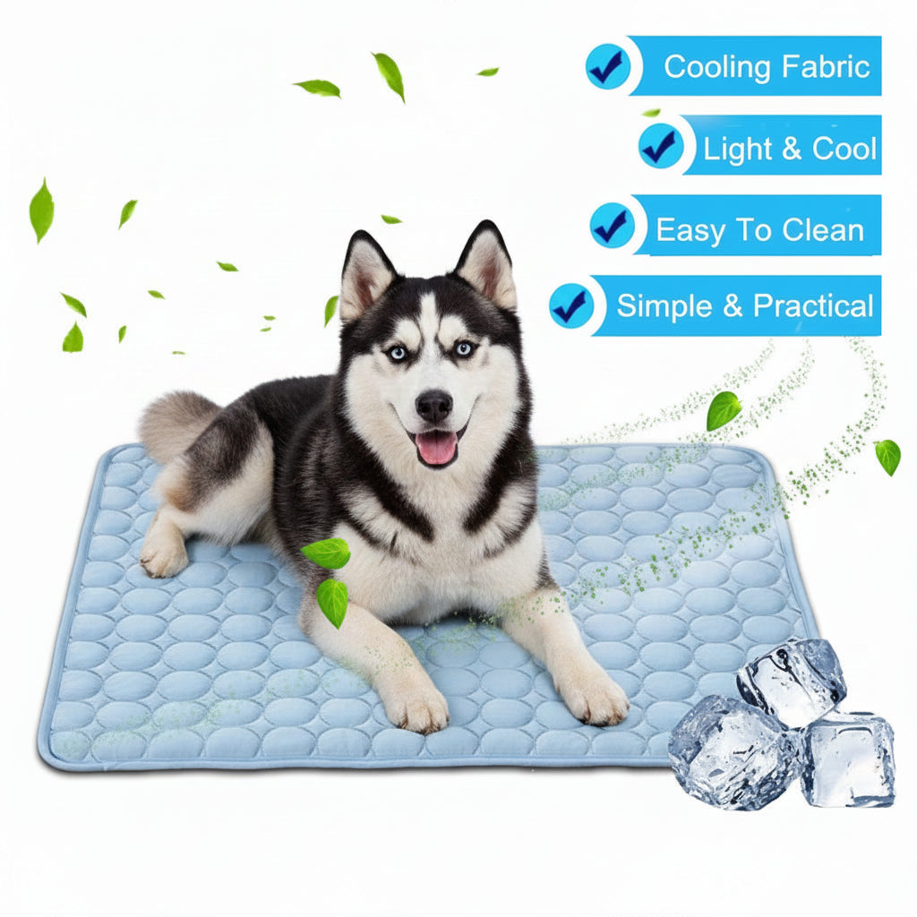 Wagivo ice silk self-cooling dog mat in blue large size on floor
