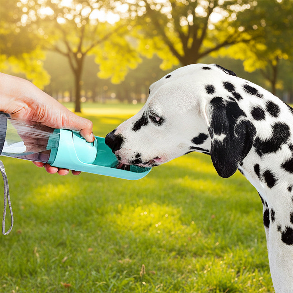 Dog drinking from Wagivo portable water bottle trough on outdoor walk