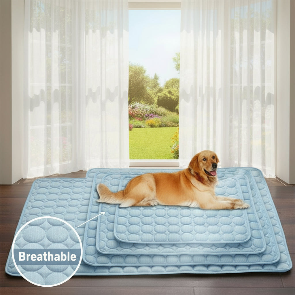Golden retriever lying on Wagivo cooling mat staying cool in summer