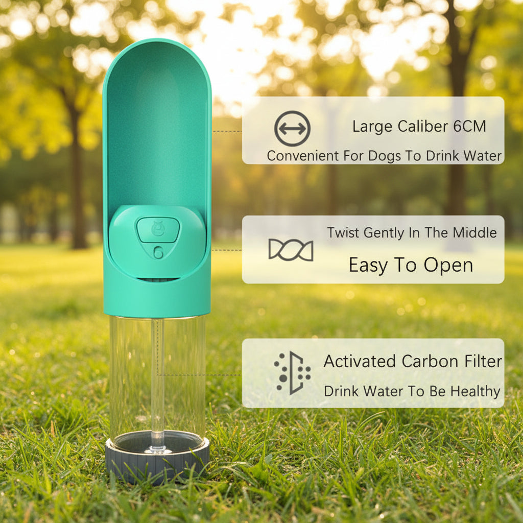 Wagivo dog water bottle 420ml capacity shown next to measuring cup
