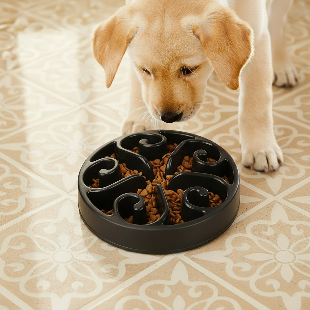 Wagivo anti-bloat dog bowl showing non-slip base on kitchen floor