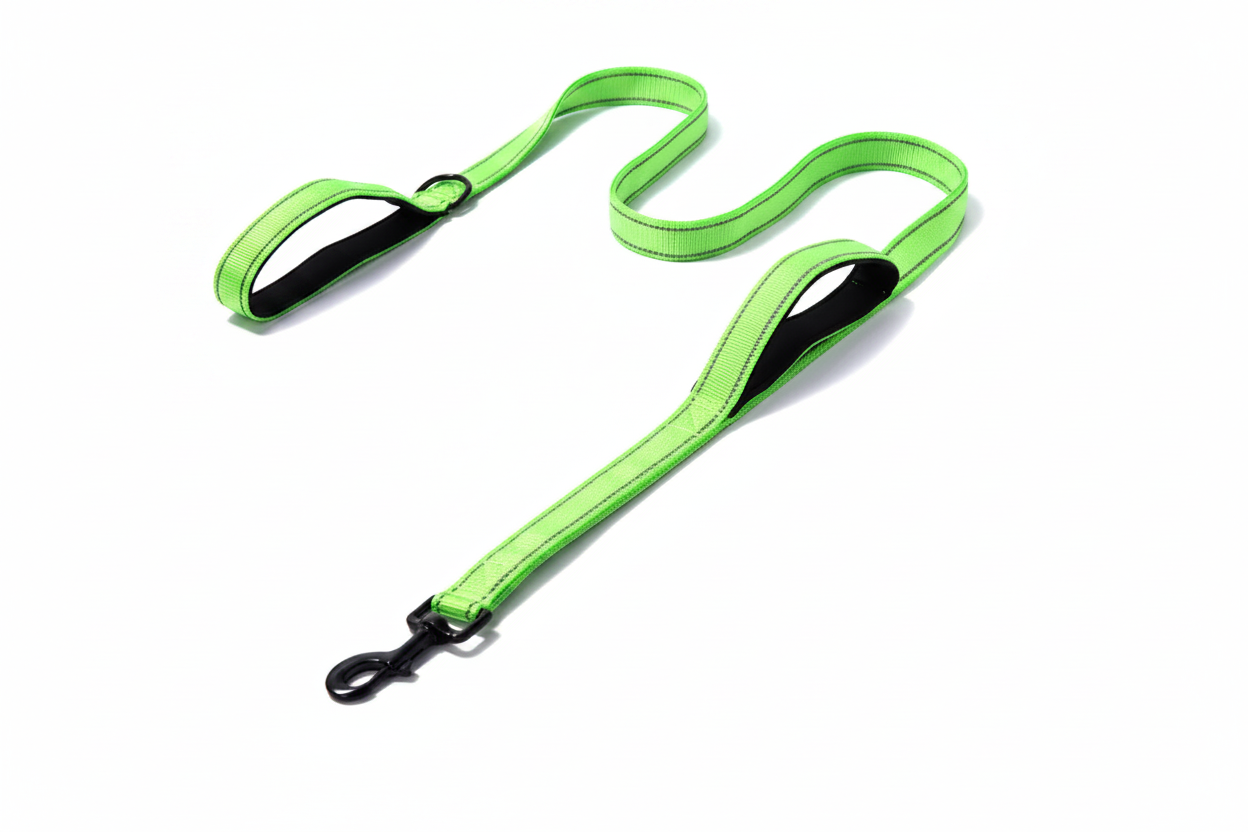 Dog walking with Wagivo reflective leash and matching personalized harness outdoors