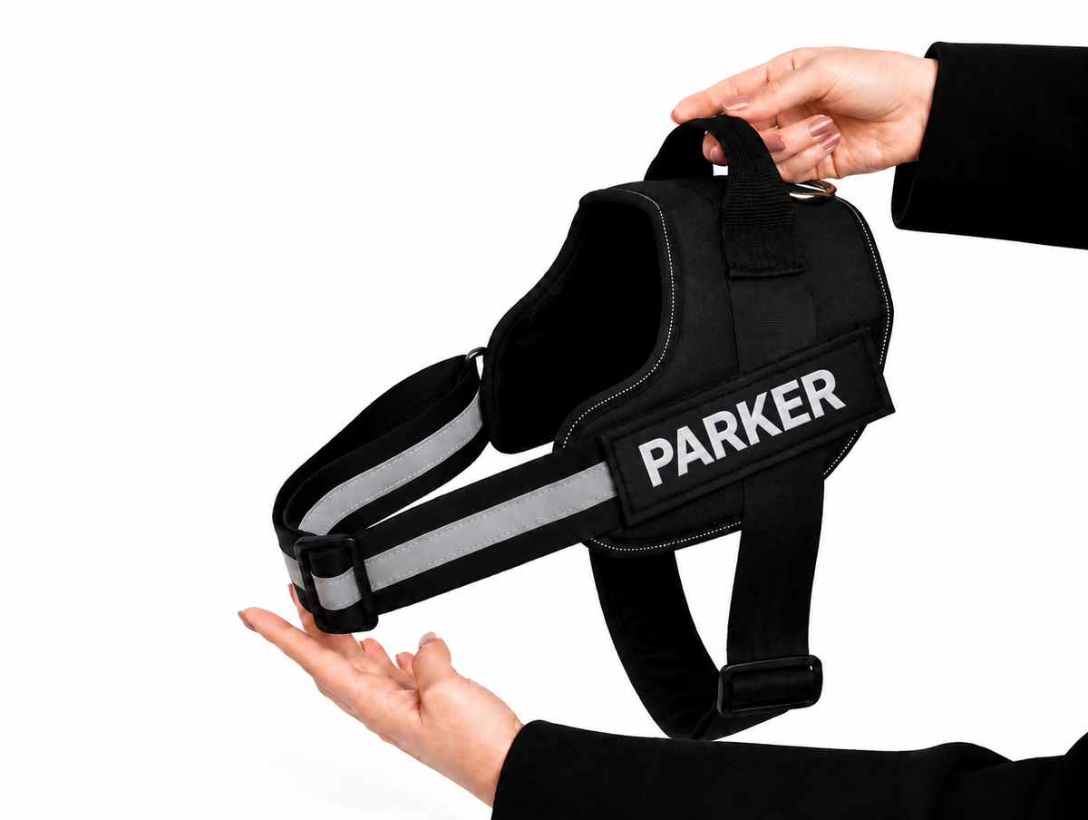 Wagivo personalized dog harness in black with PARKER printed on the name patch