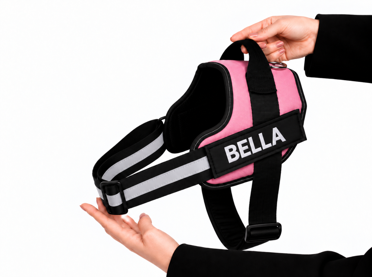 Wagivo personalized dog harness in pink with BELLA printed on the name patch