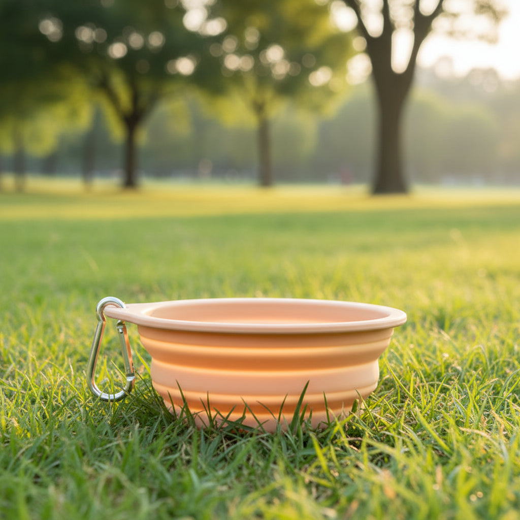 Wagivo travel dog bowl in pink color being held by dog owner on hike