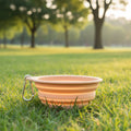 Wagivo travel dog bowl in pink color being held by dog owner on hike