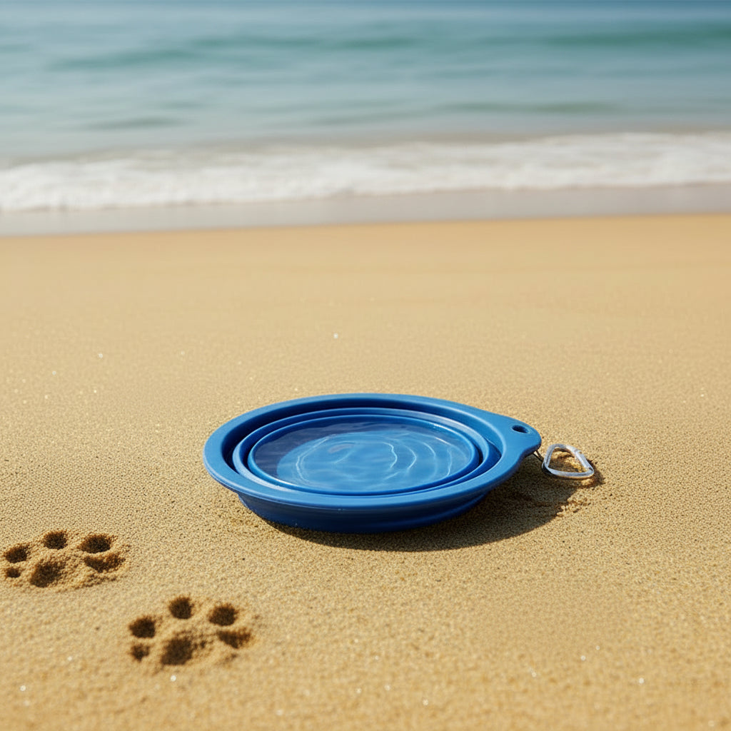 Wagivo travel dog bowl being used by small dog drinking water outdoors