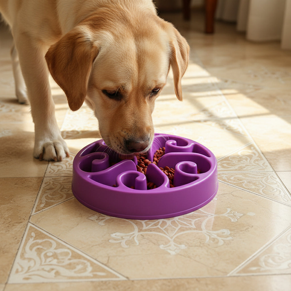 Wagivo puzzle dog bowl filled with dry kibble showing maze design