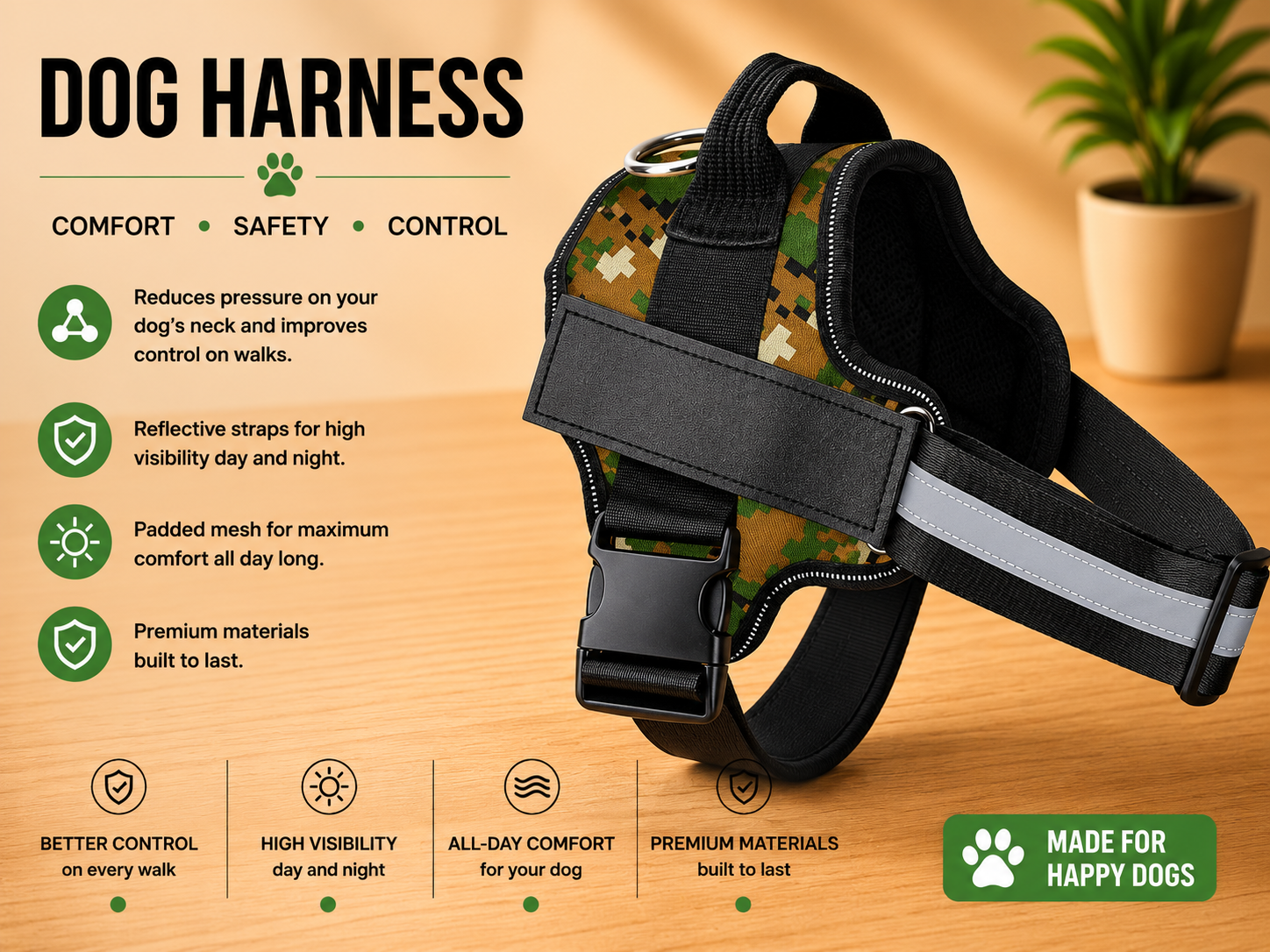 Wagivo Personalized Dog Harness™ — Padded Control Handle, Reflective & Custom Name Patch